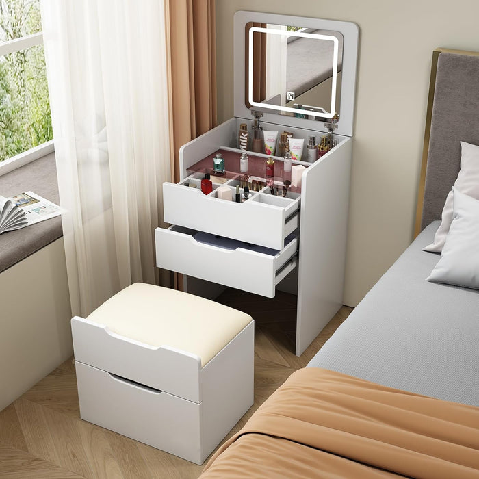 3 in 1 Vanity Desk with Plip Top Mirror and Lights, 18.9" Small Make up Vanity Set with Visible Glass Desktop,Compact Makeup Vanity with 3 Drawers,Dressing Table for Bedroom,White