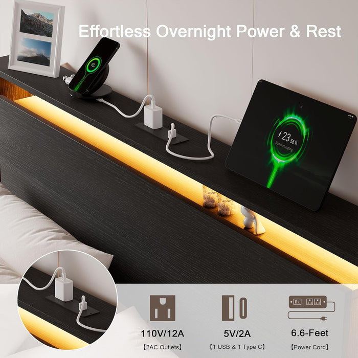 King Size Bed Frame with LED Lights & Charging Station – Wood Floating Bed Frame with Storage Headboard, Adhesive Slats, Kick-Free & Noise-Free Design, Easy Assembly, Black