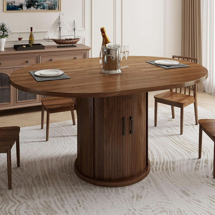 47.2"–63" Extendable Dining Room Table for 4-8, Round-To-Oval Expandable Dining Table with Dust-Proof 2-Tier Shelf, Space-Saving Wood Kitchen Table for Living Room, Walnut