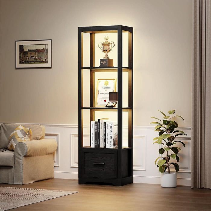 Display Shelf with 3 Color Light, Bookshelf with Drawer, Dimmable Display Cabinet for Collectibles, Bookcase, Display Case for Books, Trophies, Toys, Black
