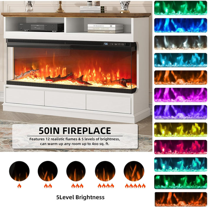 Fireplace TV Stand with 50" Electric Fireplace, Fireplace Entertainment Center with 3-Side Glass Insert, 3 Drawers, TV Stands for Living Room, White