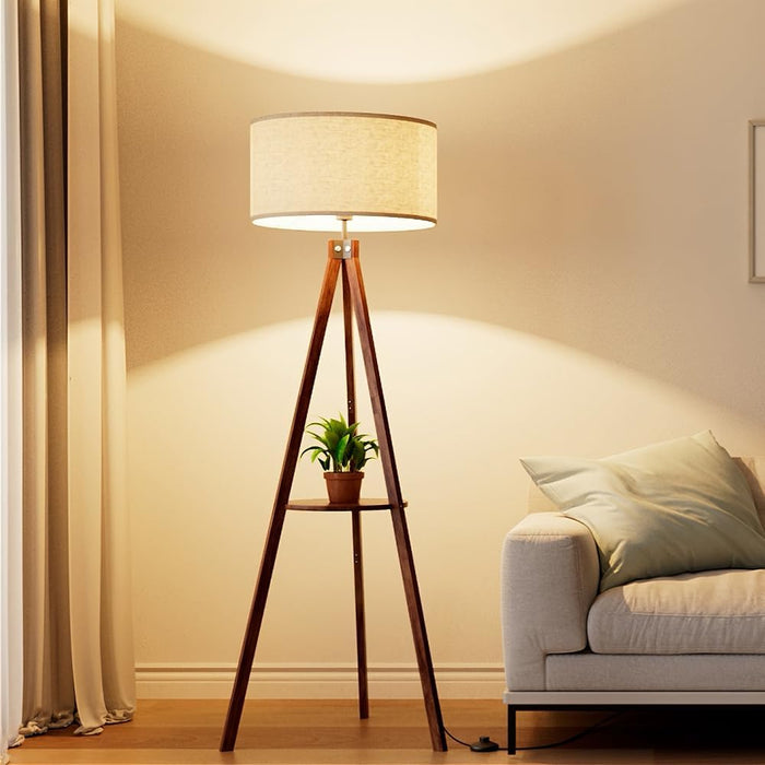 Tripod Floor Lamp, Mid Century Wood Standing Lamp, Modern Design Shelf Floor Lamp for Living Room, Bedroom, Office, Flaxen Linen Shade with E26 Base Brown