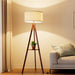 Tripod Floor Lamp, Mid Century Wood Standing Lamp, Modern Design Shelf Floor Lamp for Living Room, Bedroom, Office, Flaxen Linen Shade with E26 Base Brown