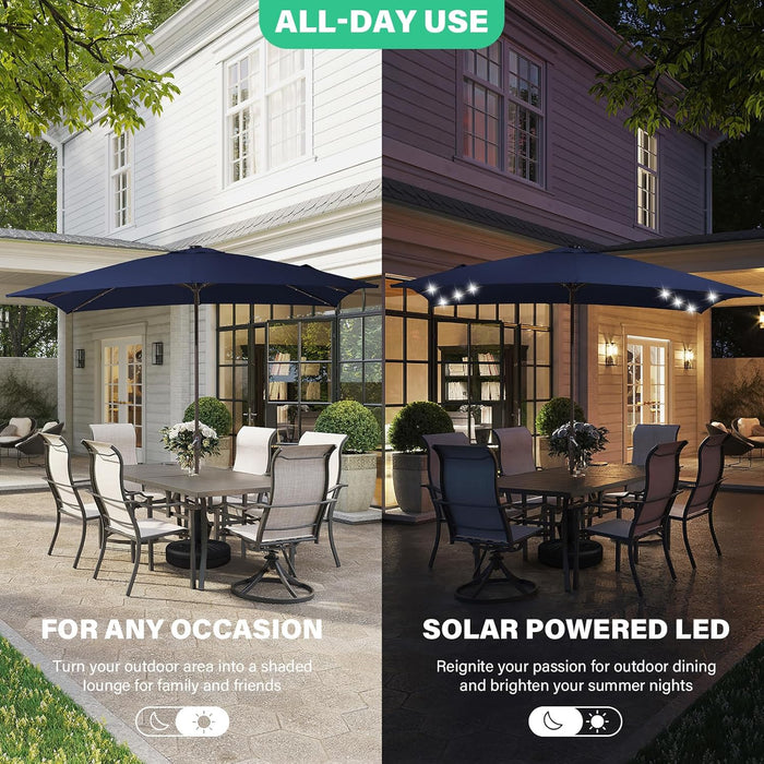 8X10 Ft Rectangular LED Lighted Patio Umbrellas Outdoor Solar Table Market Umbrella W/Crank, 8 Sturdy Ribs, UV Protection Waterproof Sunproof(Dark Blue)