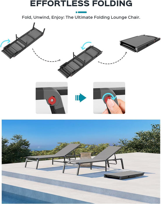 Foldable Outdoor Lounge Chair, No Assembly Patio Chaise Lounge Outdoor with 5-Positions, Aluminum Pool Lounge Chair with Portable Design for Pool, Deck, Beach, Backyard, Gray