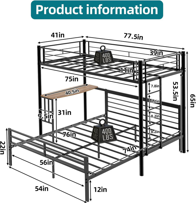Black LShaped TwinOverFull BunkBedDesk HeavyDuty Metal