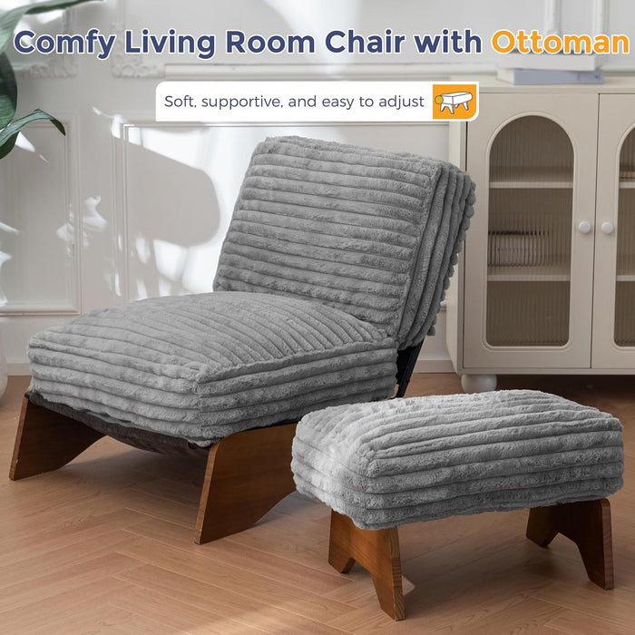 Modern Adjustable Accent Chair with Ottoman, Upholstered Living Room Chair with Footrest Set, Soft Reclining Lounge for Bedroom, Apartment, Office, Grey