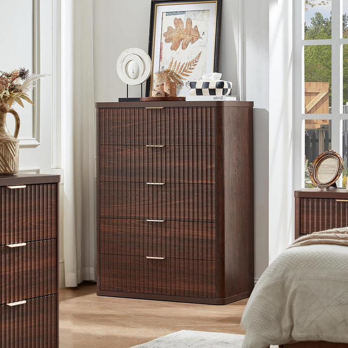 Fluted 5 Drawers Dresser for Bedroom, 41" Tall Modern Chest of Drawers with Metal Handle, Curved Profile Farmhouse Closet Organizer Wood Dressers TV Stand for Living Room, Hallway, Walnut