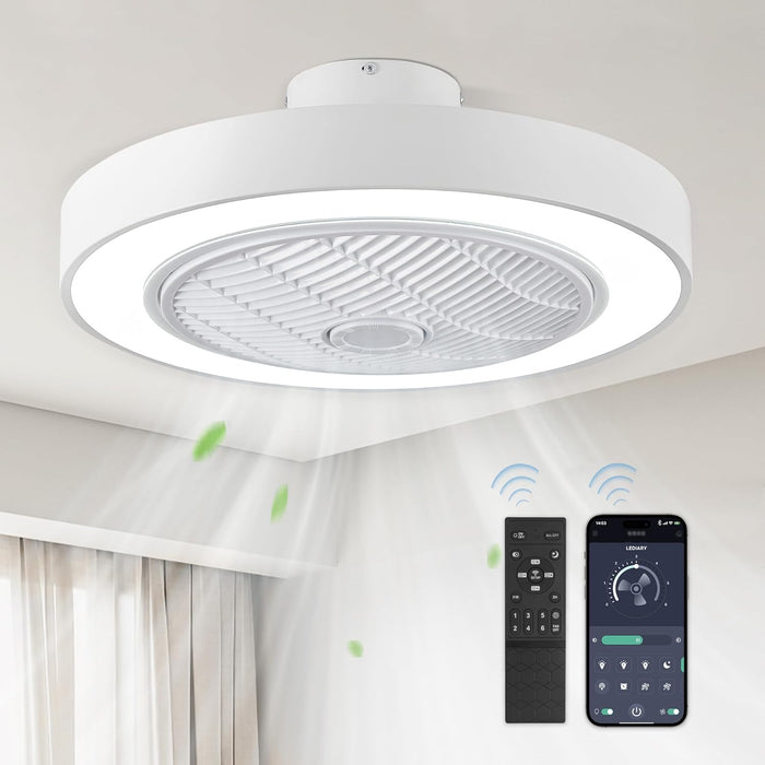 22In Enclosed Ceiling Fan with Light and Remote, White Modern Bladeless Ceiling Fan with Bright Light, Led Flush Mount Ceiling Fans for Bedroom, Living Room, Kid Room(6 Speeds, 3000-6000K)