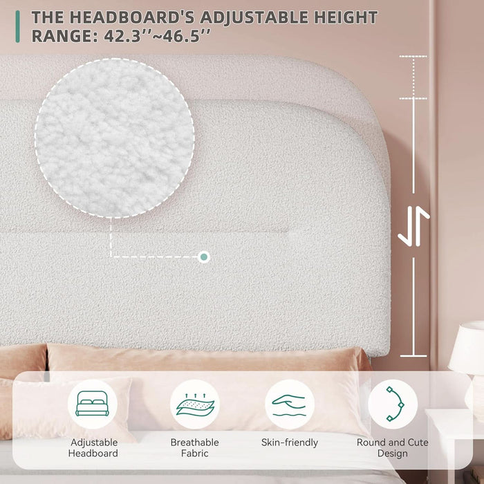 Queen Size Boucle Bed Frame, Upholstered Platform Bed Frame with Headboard, Modern Style, Soft Rounded Corners with Thickened Footboard, No Box Spring Needed, Easy Assembly, White