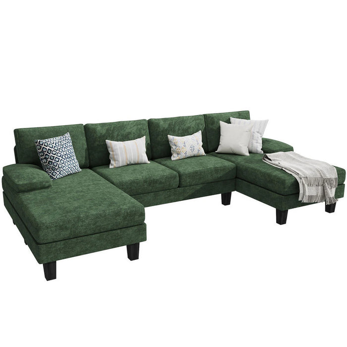 Modern U-Shape Sectional Sofa, Chenille Fabric Modular Couch, 4 Seat Oversized Sofa with Chaise for Living Room, Green