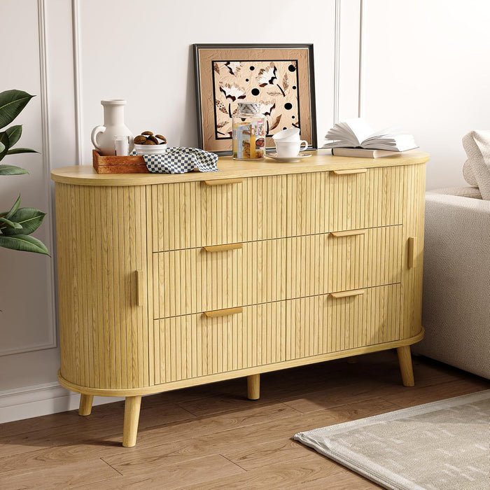 6 Drawers Dresser with 4 Storage Compartments, 55'' Modern Chest of Drawers with Sliding Door & Metal Handles, Curved Profile & Sturdy Legs, Wooden TV Stand for Bedroom, Living Room (Natural Oak)