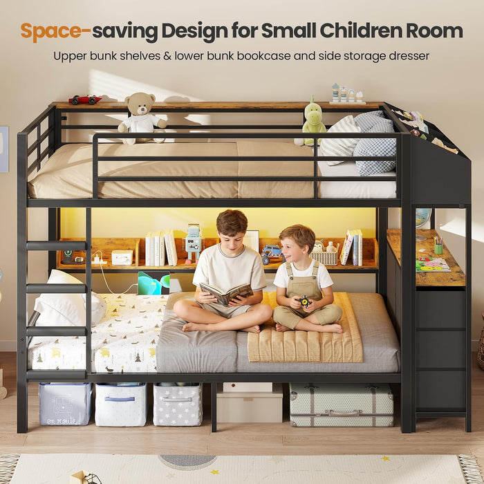 Twin over Twin Bunk Bed with 6 Storage Drawers,Led Lights and Charging Station Metal Bunk Beds with Side Bookcase,3 Storage Boxes &Shelf,L-Shaped Bunk Bed with Safety Guardrail and Ladder,Black