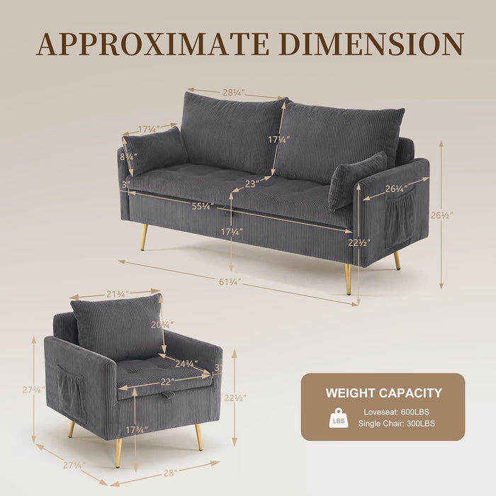 3-Piece Storage Sofa and Couch Set, Corduroy Loveseat with 2Pc Accent Single Chairs, Small Living Room Furniture Set for Apartment, Tiny Homes and Lofts, 3Pc-Gray