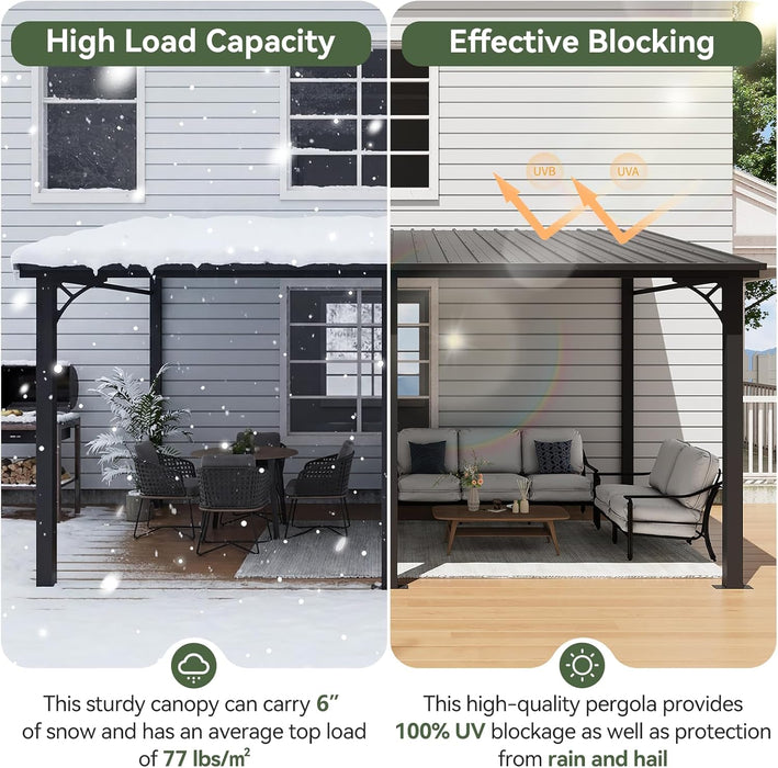 10' X 14' Lean to Gazebo, Upgraded Hardtop Outdoor Pergola with Sloping Galvanized Steel Roof, Large Wall-Mounted Heavy Duty Awnings for Patio, Backyard, Deck, Porch (Black)
