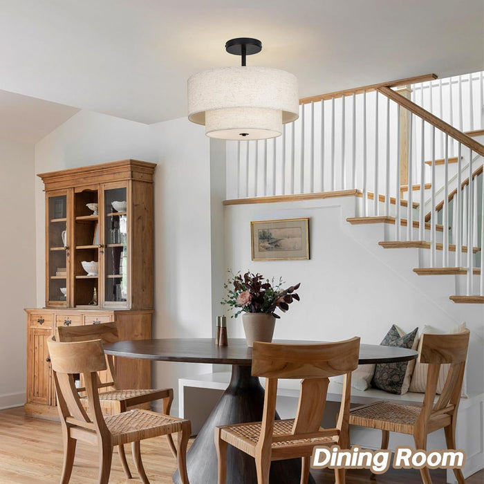 18 Inch Large Semi Flush Mount Ceiling Light Fixture with Dual Drum Design, Farmhouse Fabric Linen Shade for Bedroom, Living Room, Kitchen, and Dining - Modern Chandelier Lamp