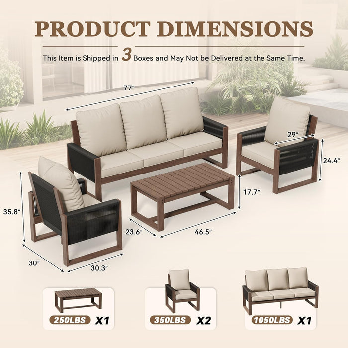 4 Piece Patio Furniture Set, Wooden Outdoor Furniture Conversation Set with Coffee Table, Modern PE Wicker Patio Chairs Conversation Sets with Sofa for Garden, Terrace, Porch, Balconies, Lawns