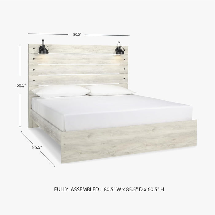 Signature Design by Ashley Cambeck Farmhouse King Panel Bed with Sconce Lights and USB Ports, Foundation or Box Spring Needed, Whitewash