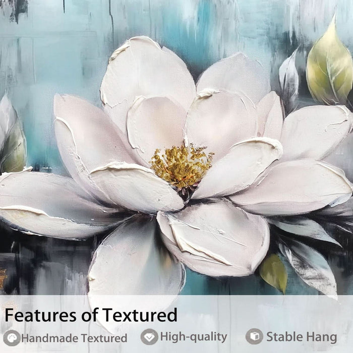Magnolia Wall Art Framed Canvas Wall Decor Living Room, White Floral Picture Wall Decor Teal Painting Flower Textured Artwork for Bedroom Dining Room Home Office 40"X20"