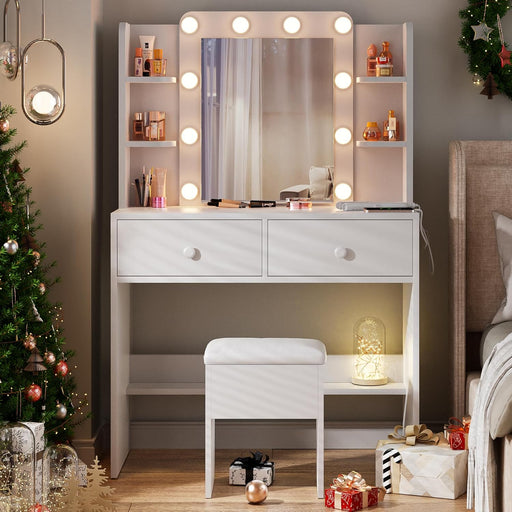 White Vanity Desk with LED Lighted Mirror, Makeup Vanity with 10 Bulbs and 3 Color Modes, Dressing Table Set with Power Outlets, Storage Drawers and Chair for Bedroom