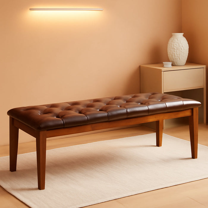 Ottoman Bench Upholstered Padded Seat with Solid Wood Legs and Button-Tufted, Big Oversized Ottoman, Faux Leather Retro Brown