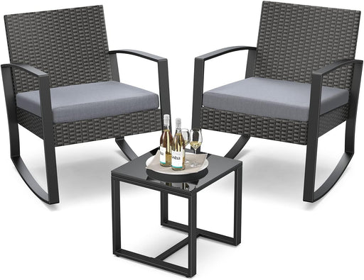 3 Pieces Patio Furniture Set Rocking Bistro Set Outdoor Rattan Conversation with Coffee Table for Garden Balcony Backyard Poolside (Grey Cushion)