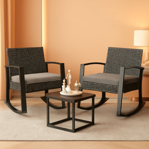 3 Pieces Patio Furniture Set Rocking Bistro Set Outdoor Rattan Conversation with Coffee Table for Garden Balcony Backyard Poolside (Grey Cushion)