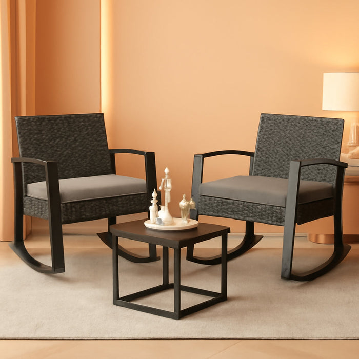 3 Pieces Patio Furniture Set Rocking Bistro Set Outdoor Rattan Conversation with Coffee Table for Garden Balcony Backyard Poolside (Grey Cushion)