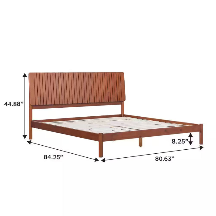 Transitional Brown Solid Wood Frame King Platform Bed with Minimalist Slatted Headboard