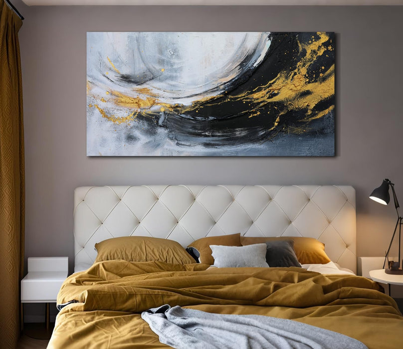 Abstract Canvas Wall Art Black and White Golden, 50% Handmade Thick Textured Painting 40"X20", Modern Art Picture Artwork for Living Room Bedroom Men Office Hallway Large Decoration