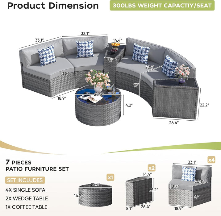 Outdoor Patio Furniture Set with Coffee Table,7 Pieces Half-Moon Curved Outdoor Sectional Sofa and Side Table Waterproof Cover, Wicker Rattan Patio Coversation Set for Porch,Backyard,Pool(Grey)