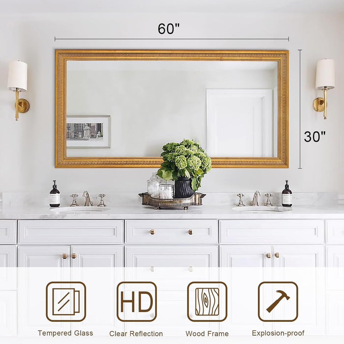 Large Wall Mirror 60''X30'', Antique Gold Mirrors for Wall Decor Dining Room, Elegant Decorative for Living Room, Entryway, Firepalce, Bathroom