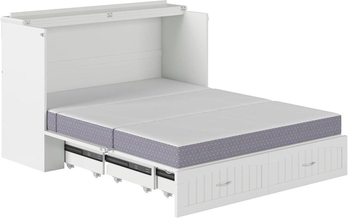 , Southampton Murphy Bed Chest Queen with 6" Mattress, Storage Drawer & Built-In USB Charger, White