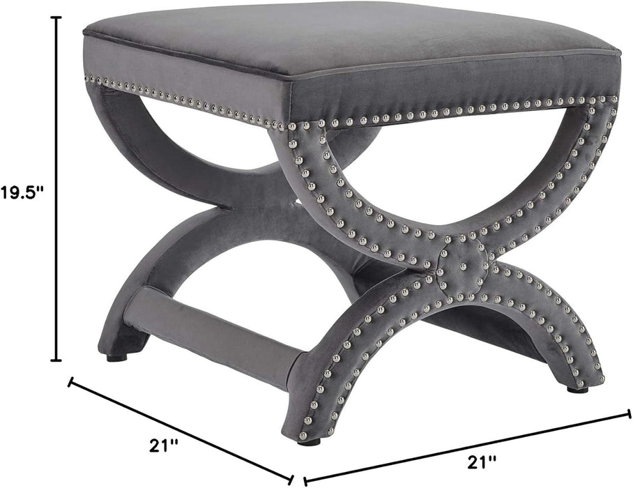 Expound Performance Velvet Upholstered Nailhead Trim Accent Ottoman in Gray