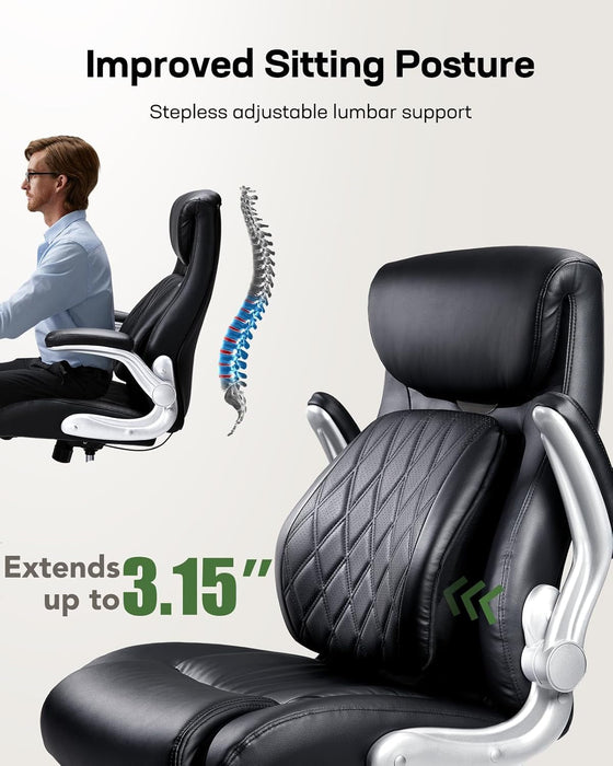 Comfortable-Office Chair with Dynamic-Lumbar Support: High Back PU Leather Executive Office Chair with Flip-Up Arms Tilt Function, Ergonomic Executive Desk Chair for Home Office Work, Black