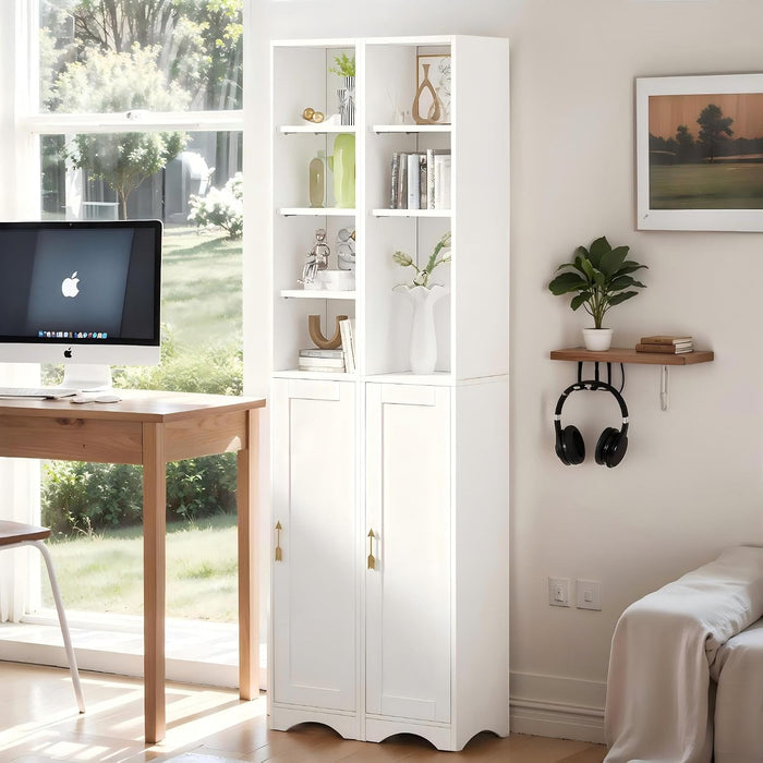 71" Tall Narrow Bookshelf with Door, 8-Tier Adjustable Shelves Bookcase, Freestanding Storage Cabinet with Raised Base for Living Room Bathroom Office, White