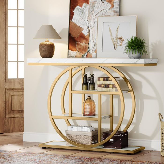 41.3" Console Table, Industrial 4-Tier Sofa Entryway Table with Circle Base, Narrow Wood Accent Tables with Storage Shelves for Living Room, Hallway, Foyer, White Gold