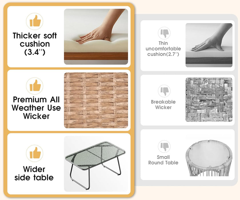 L-Shaped Outdoor Loveseat Sectional Set for Patio, Backyard, Porch with Thick Cushions, Detachable Lounger, Coffee Table