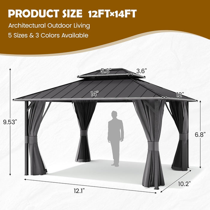 12'X14' Hardtop Gazebo, Permanent Patio Pavilion with Breathable Netting and Privacy Curtain for Dining Party, Grey