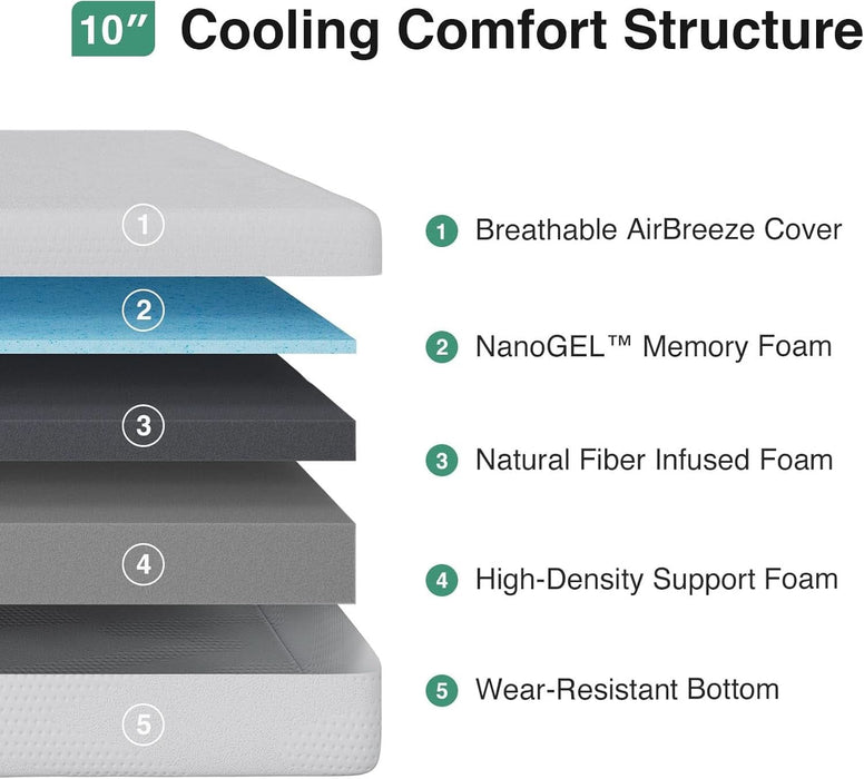 Queen Mattress, 10 Inch Queen Size Memory Foam Mattress in a Box, Gel Memory Foam Mattress for Comfort Sleep &Cooling Night Sleep, Certipur-Us Certified