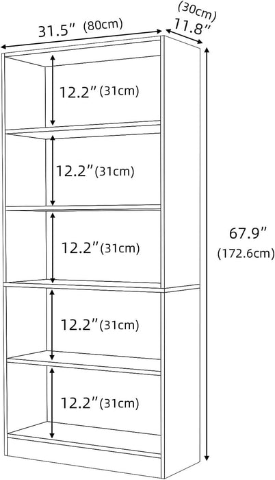 Bookshelves and Bookcases Floor Standing Tall Bookcase 5 Tier Display Storage Shelves Tall Bookcase Home Decor Furniture for Home Office(White 11.8" D X 31.5" W X 67.9" H)