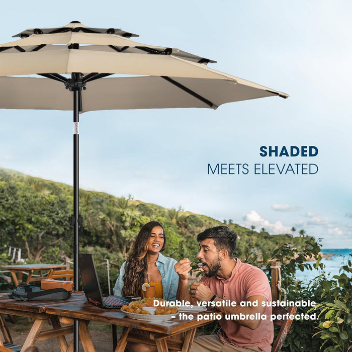 9Ft 3-Tier Patio Umbrella Outdoor Table Market Umbrella for Patio with Push Button Tilt/Crank, Fade Resistant Waterproof POLYESTER Canopy for Garden, Lawn, Deck, Backyard & Pool, Beige