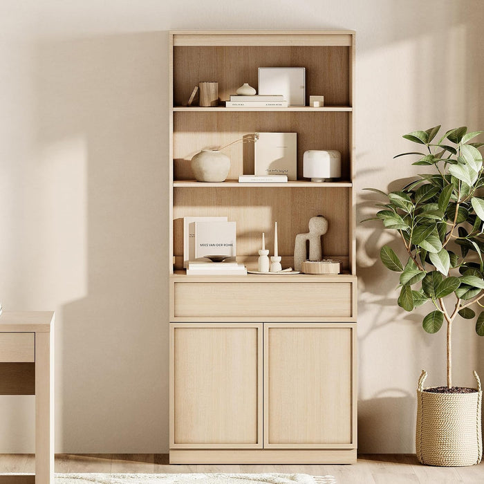 Modern 72" Tall Bookshelf with Doors, Drawers & Adjustable Shelves, Library Bookcase with Storage Cabinet and Open Shelving, Wood Bookcase for Home Office, Living Room, Beige, 1 PC