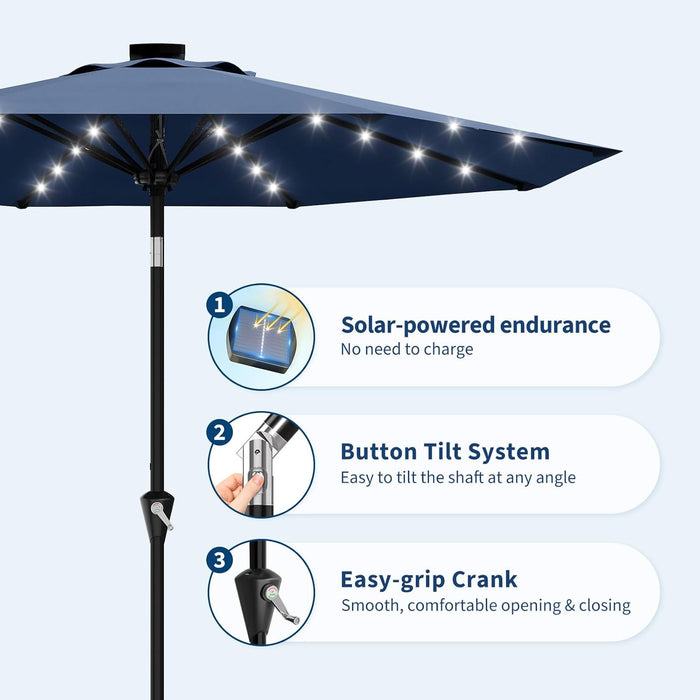 9FT Solar Patio Umbrella with 32 LED Lights - Outdoor Table Umbrella with Crank Lift, Push Button Tilt and 8 Sturdy Ribs - Market Umbrella UV Protection for Pool, Deck, Yard, Garden -Navy Blue
