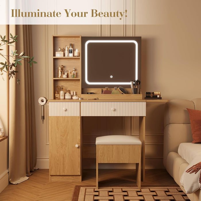 Makeup Vanity with Lighted Mirror, Vanity Desk with Power Strip, Adjustable Lighting, Drawers and Cushioned Stool, Dressing Table for Bedroom