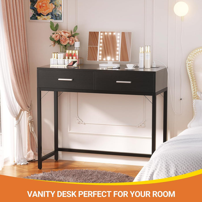 Vanity Desk with Mirror and Lights, 36'' Makeup Vanity Desk with Power Outlet, Small Vanities Set Dressing Table with Drawers for Bedroom, Black