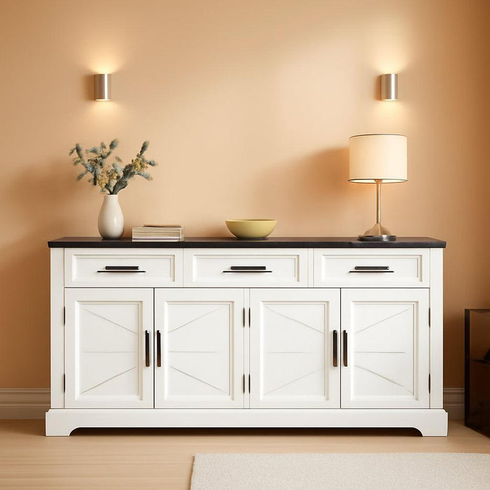 63" Farmhouse Buffet Sideboard Cabinet with 3 Drawers & Adjustable Shelves, White Coffee Bar Wine Bar Storage Cabinet for Kitchen, Living Room