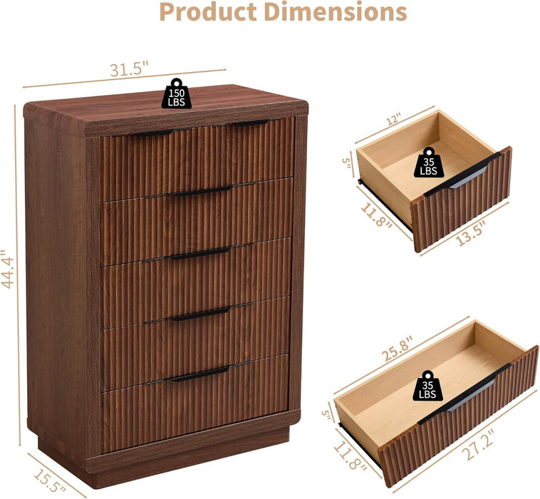 Walnut Dresser with 6 Drawers, 44.4" Tall Modern Chest of Drawers with Thickened Curved Profile Design, Wooden Dresser Organizer for Bedroom, Living Room, Hallway