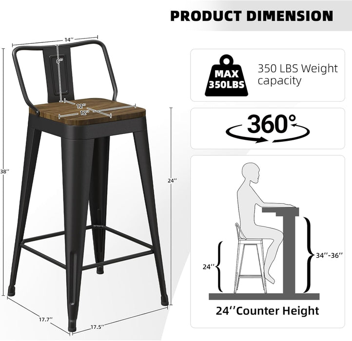 Swivel Bar Stools Set of 4, 24" Counter Height Barstools with Low Back, Industrial Metal Bar Stools with Large Wooden Seat for Kitchen Island (Matte-Black)