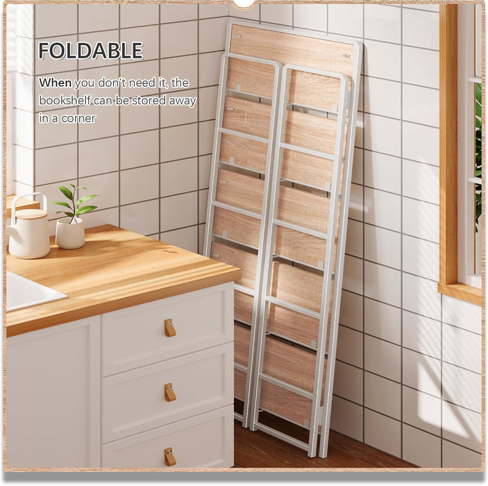 No Assembly 5 Tiers Folding Bookshelf Storage Shelves Vintage Bookcase Standing Racks Study Organizer Home Office (Natural White)
